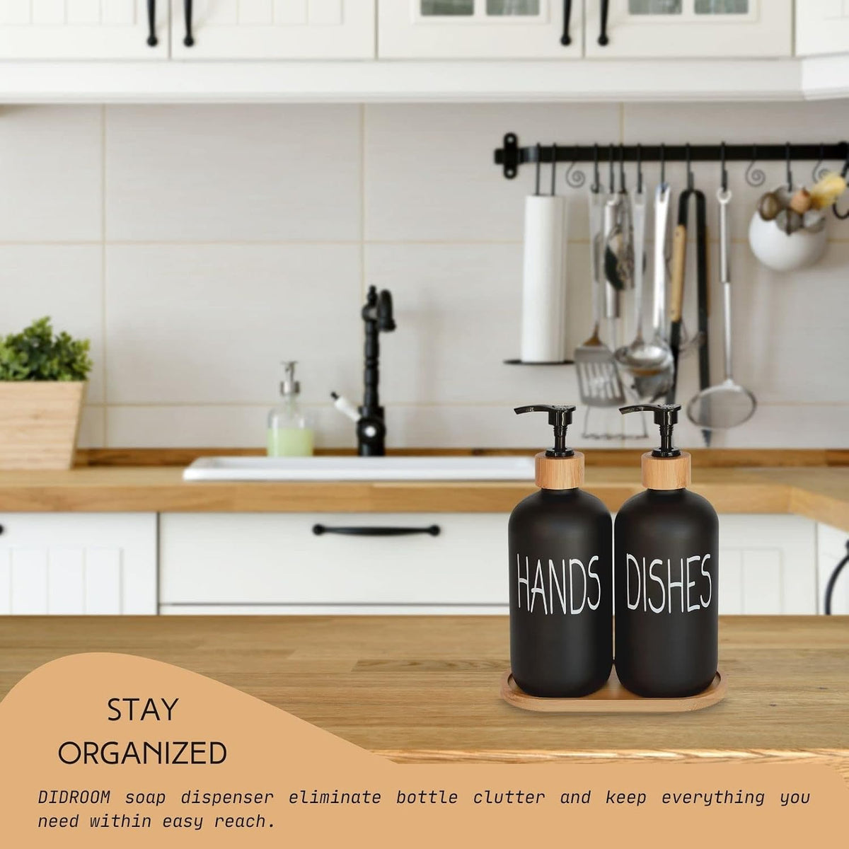Elegant Bamboo Tray with Soap Dispensers