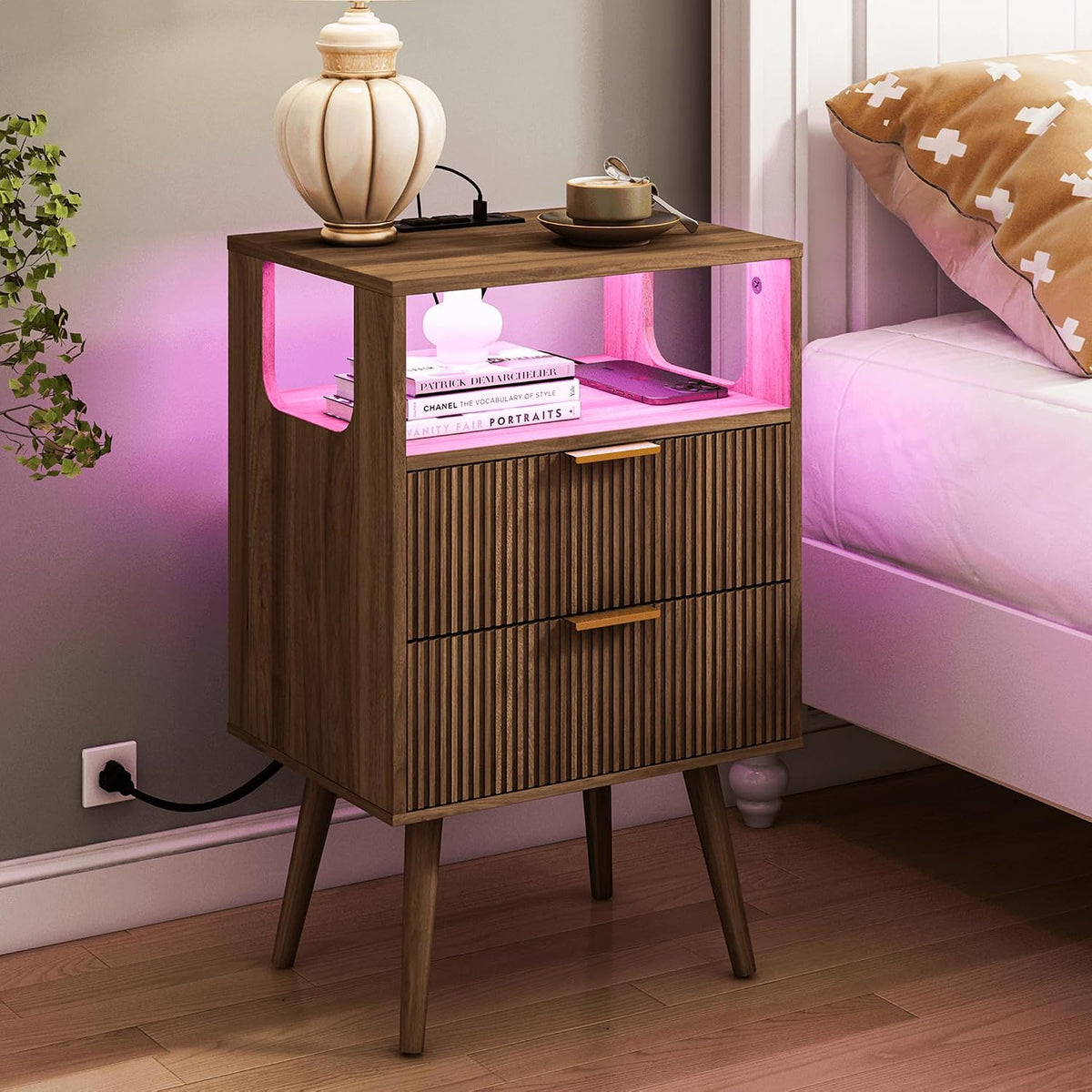 JOONEE Nightstand with Charging Station and LED Lights