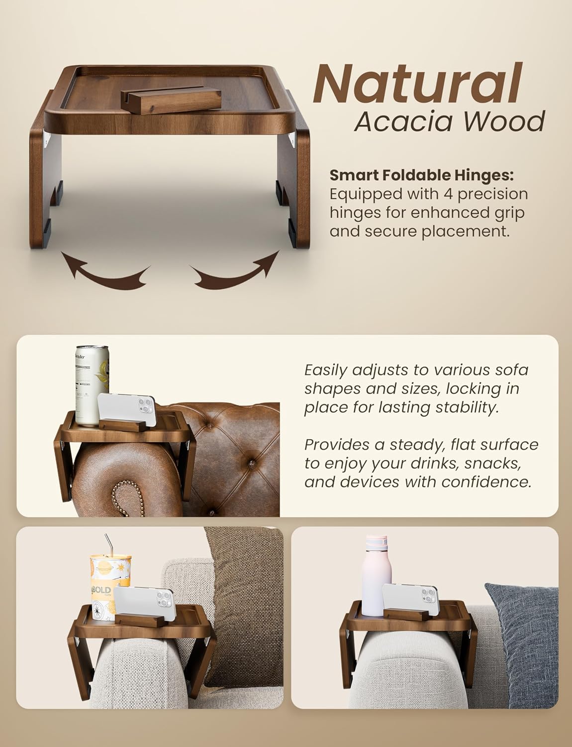 HOLANA Acacia Couch Armrest Table with Phone Holder